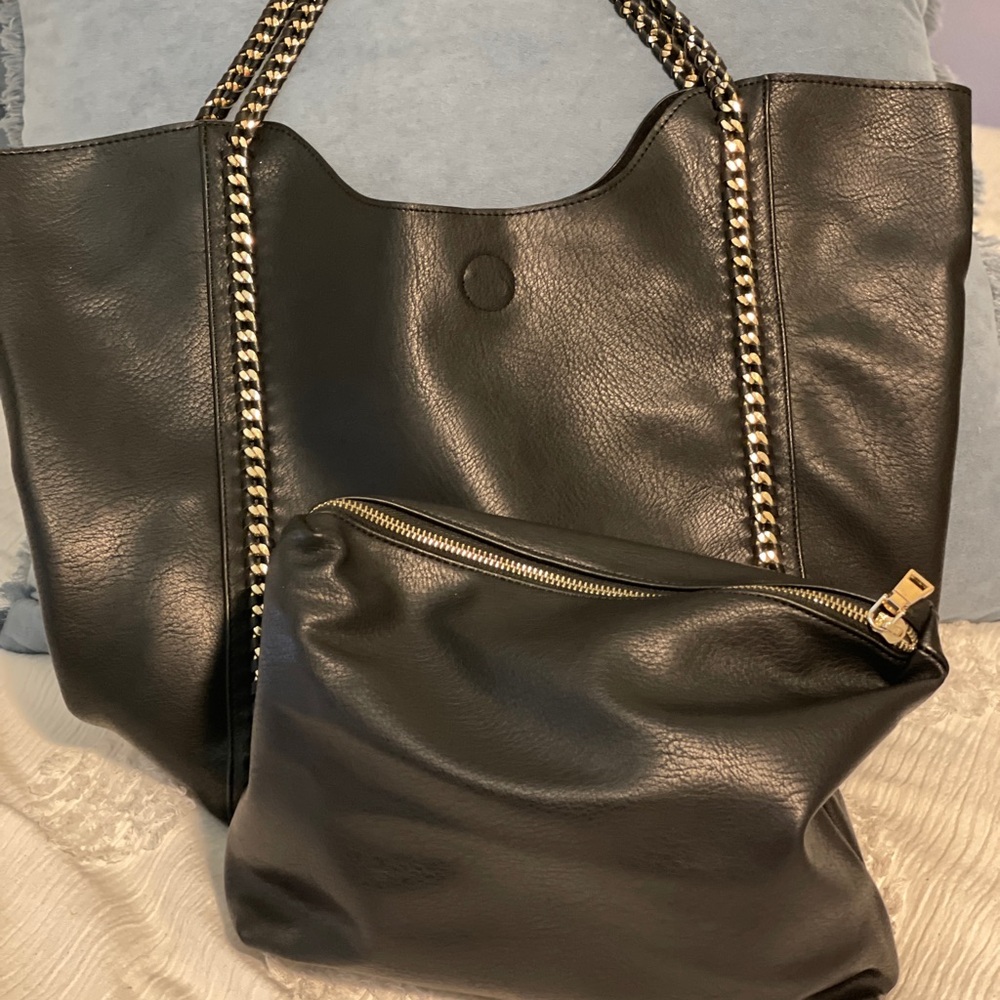 Elegant 2 piece Black Vegan Leather Tote Bag with Chain Straps & Clutch Bag.